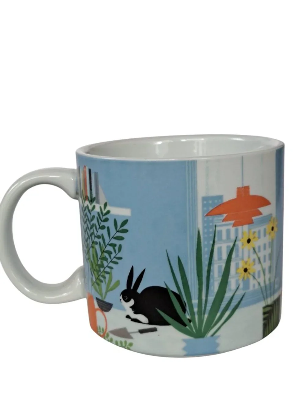 west elm Coffee Mug by SAM KALDA Modern Art Cup Rabbit Bunny Plants in the City